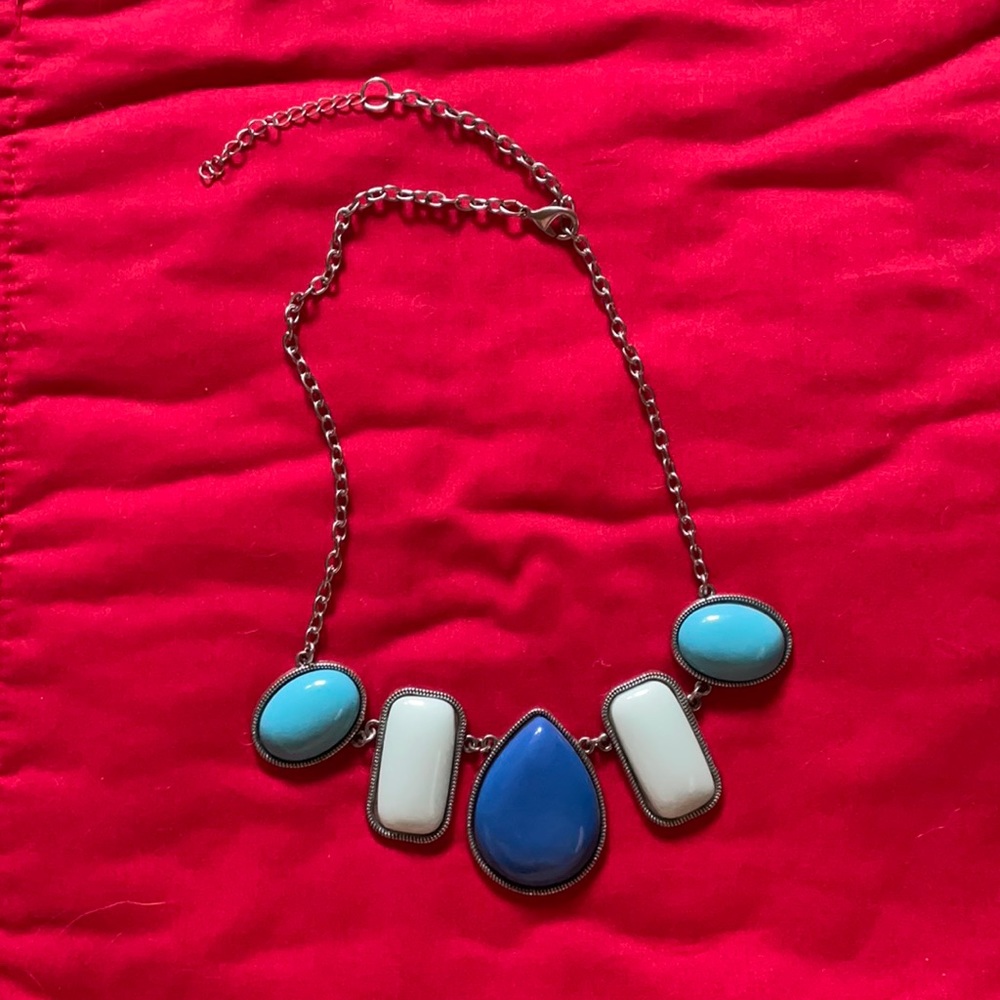 Silver and multicolored blue statement necklace